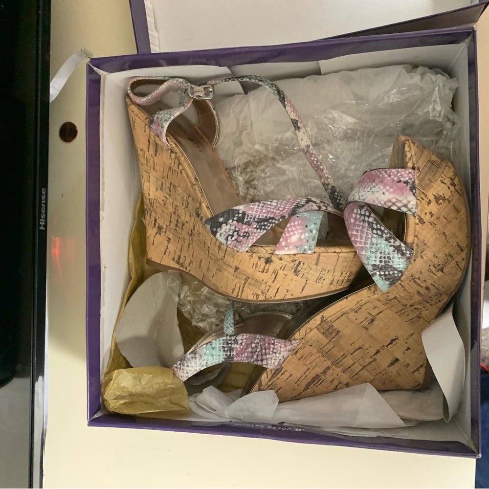 Colorful Snakeskin Cork Wedge Sandals